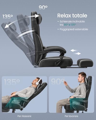 Sedia Gaming, Sedia Ufficio Scrivania, Ergonomico, con Poggiapiedi, Poggiatesta Regolabile, Cuscino Lombare, Portata 150 kg, Grigio e Nero OBG77BG - Sedia gaming - Immagine 6