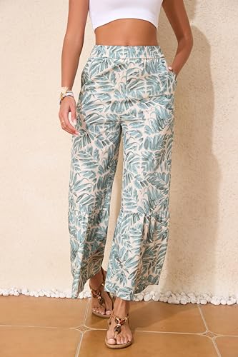 Flowy Wide Leg Pants for Women 2025 Loose Fit with Pockets Trousers Elastic Waisted Green Leaf Printed Lounge Pants S4
