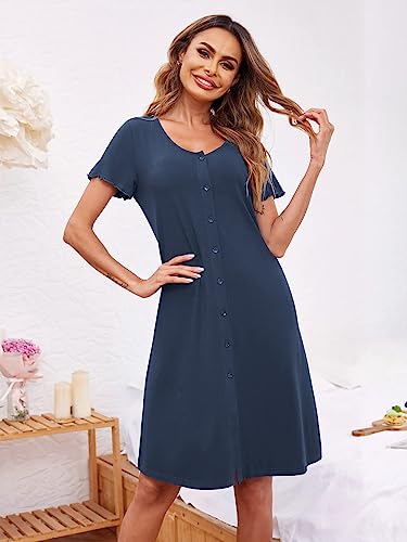 Ekouaer Nachthemden für Damen Sommer Schlafshirt Kurzarm Sleepshirt Nachtwäsche Knopfleiste Navyblau S 4