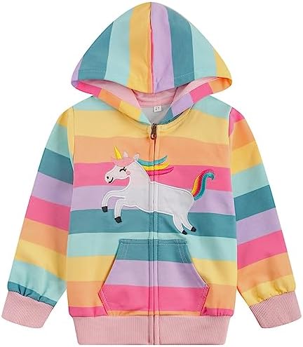 Girls Zip Up Hoodie Jacket Toddler Unicorn Rainbow Sweatshirt Kids Hooded Coat Casual Outerwear Size 2-7 Years