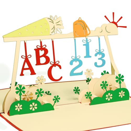 LIN - Pop Up 3d biglietto d' auguri per il primo giorno di scuola, lettere e numeri, fatto a mano, (# 214)