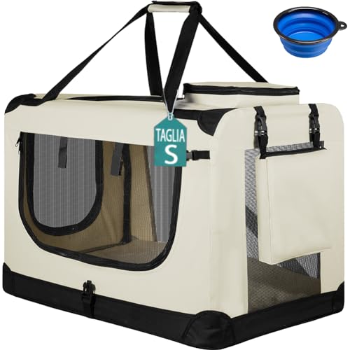 BAKAJI Trasportino per Cani e Gatti con Ciotola in Silicone Pieghevole, Gabbia per Animali Richiudibile Traspirante Borse Portaoggetti, Tracolla e Tappetino in Peluche (Beige, S 50 x 34 x 36 cm)