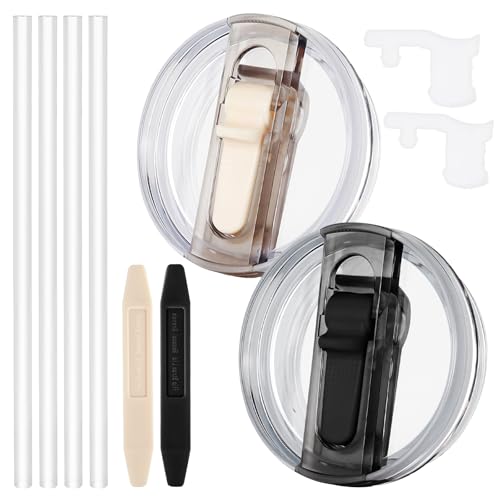 Image of 2 Pack Leak Proof Lid for 40oz Stanley H2.0 Quencher, No Spill Lids Replacement 40oz for Stanley ProTour, with Removable Nozzle (Cream+Black)