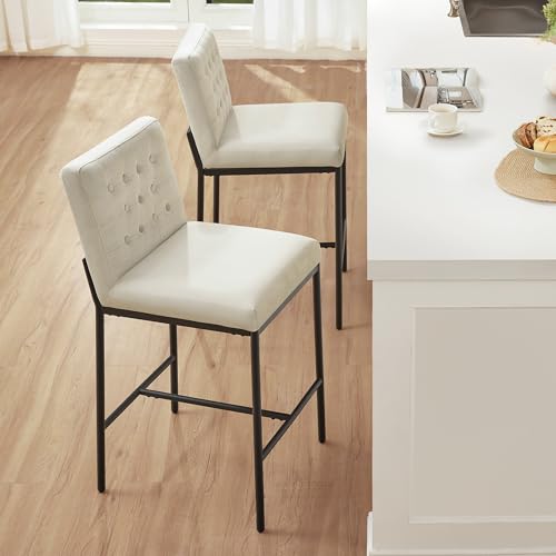 Image of CHITA Modern Bar Stools with Tufted Back Set of 4, 26 inch Counter Height Bar Stool with Metal Legs for Kitchen Island & Dining Room, Ivory Fabric, Black Frame