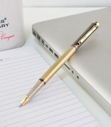Image of SWISS MILITARY INNOVA Smooth Writing Metal Body Roller Pen with 0.5mm NSTC Blue Poly Jotter Refill, 2000-2200m Writing Length, Best Gift Men & Women, Professional, Executive Office-Body Black /Gold