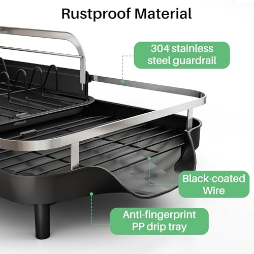 Image of SAYZH Dish Drying Rack - Expandable Dish Rack for Kitchen Counter, Rust-Resistant Dish Drainer with Utensil Holder and Raised Guardrail, Kitchen Organizer for Cup and Bottle (Black)