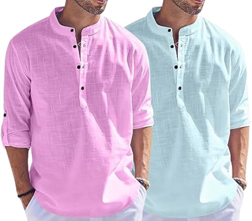 Image of Men's Cotton Blend Straight Kurta Shirt Combo with Mandarin Collar - Slim Fit Casual Short Kurti Set Featuring Textured Slub Fabric and Roll-Up Full Sleeves