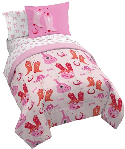 Jay Franco Kids Comforter Set Includes Sheets and Pillow Covers - Soft and Cozy Bed Set for Stylish Room Decor, Pink, Cowgirl Boots & Bows 5 Piece Twin Size Bedding
