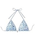 SOLY HUX Women's Triangle Bikini Top Only Tie Back String Floral Print Padded Swimwear Bathing Suits Tops Blue and White Medium