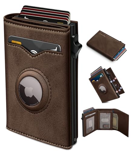 Image of miyozi Airtag Wallet for Men,with Cash Pocket 2 ID Window 9-12 Cards,Metal Case Smart Slim Pop Up Credit Card Holder Flip with Magnetic Closure RFID Blocking Trifold wallet with Gift Box