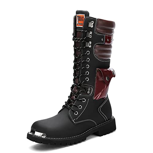 Men's Motorcycle Boots Backpacking Leather Mid-Calf High Waterproof Metal toe Motorcycle Biker Riding Punk Rock Shoes