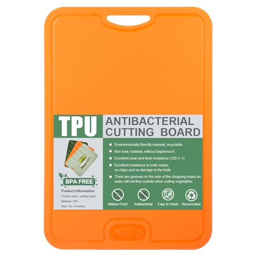 Flexibles Schneidebrett mit Saftrillen, Kratzfeste Flexible TPU Schneidebretter, Küchenbrett Antibakteriell Cutting Board, BPA-frei, Spülmaschinenfest, Rutschfest (orange)