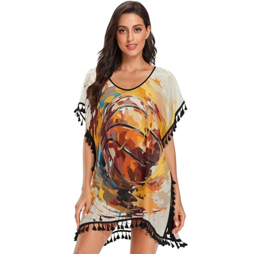 Basketball Watercolor Art Women's Beach Cover Up Chiffon Tassel Swimwear Swimsuit Coverups for Girl