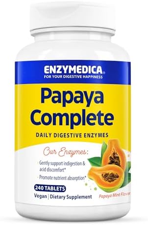 Enzymedica Papaya Complete, Daily Digestive Enzymes with Organic Papaya Juice and Chlorophyll for Meal & Nutrient Absorption, High Potency Bromelain & Papain, Vegan, Mint Flavor, 240 Chewable Tablets