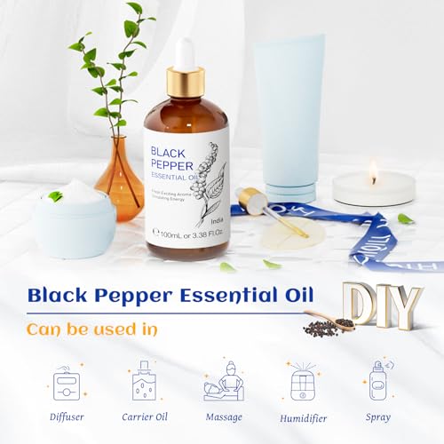 Image of HIQILI Black Pepper Essential Oil for Aromatherapy & Diffuser - Natural Spicy & Warming Scent - Therapeutic Grade - 3.38 Fl Oz