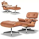 Asukale Genuine Leather Relaxation Chair with mit Fußhocker, Moderner Fernsehsessel, Drehbarer Chaiselongue mit Ottomane, Fixed Tilt Angle of 105°, Massiver Holzrahmen with Padded Cushion, Braun
