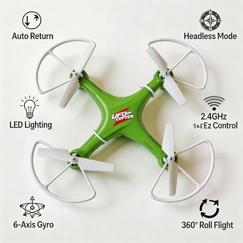 Image of UFO Copter RC Drone for Kids & Beginners | 6-Axis Quadcopter with Propeller Guards | Stable Flight, Lightweight Design | Indoor & Outdoor Toy Drone (Green & White)