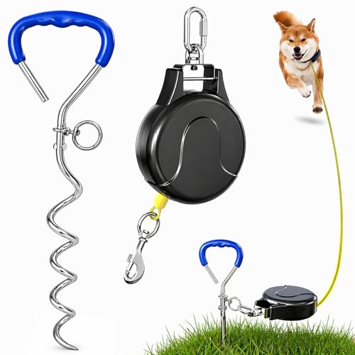 30FT Retractable Dog Tie Out Cable with Heavy Duty Ground Anchor Tangle-Free Swivel Dog Runner System Durable Steel Cable Outdoor Leash for Yard Camping Park & Travel