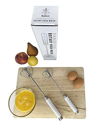Balevi Stainless Steel Push Whisk - Easy To Use Manual Hand Mixer & Plunger Whisk - Make Froth, Foam & Whipped Cream - Semi Auto Egg Beater Plastic Tip Won’t Scratch Pans (2 Pack 10In & 12In) White #TOP1