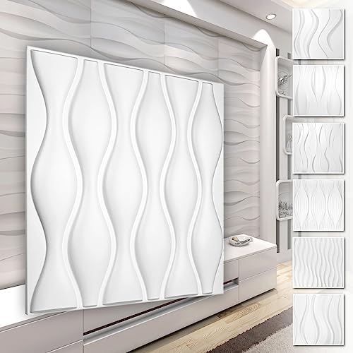 HEXIM 3D Wandpaneele, PVC Kunststoff weiß - Wellen Design Paneele 50x50cm...
