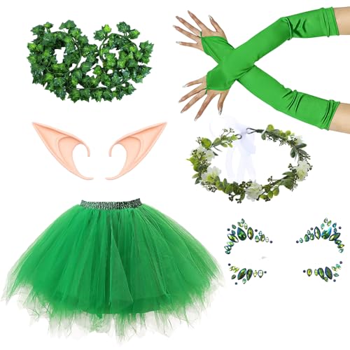 Afenau Costume d'Halloween pour femme, Robe de Fée Elfe avec Oreilles d'elfe, couronne de fleurs, gants carnaval, bal masqué Jupe tutu verte fête sur le thème des fées, Halloween, jeu de rôle cosplay