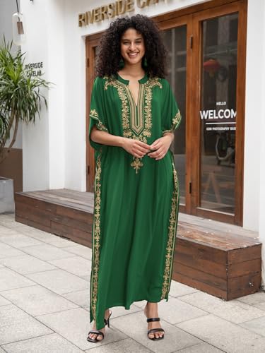 Image of KECVOT Kaftan Dresses for Women Embroidered Short Sleeve V-Neck Plus Size Caftan Bikini Swimsuit Cover-Up Long Beach Dress