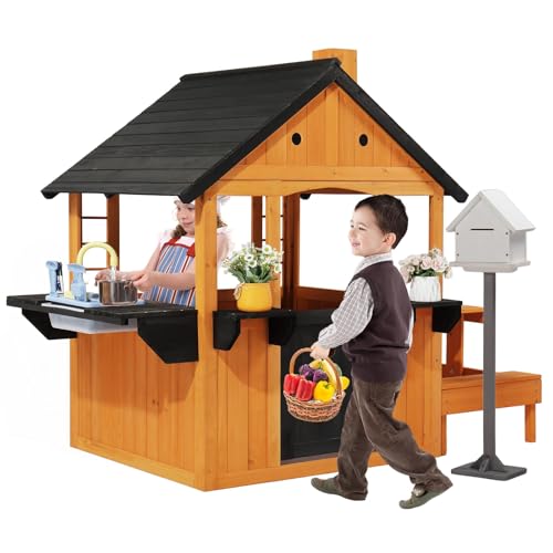 JOYMOR Kids Outdoor Playhouse with Sink Toys, Picnic Table, Mailbox, Spacious Wooden Toddler Playhouse for Backyard Kids 3-8Y DIY Room with Flowerpot Holders, Plastic Basin (Light Brown)