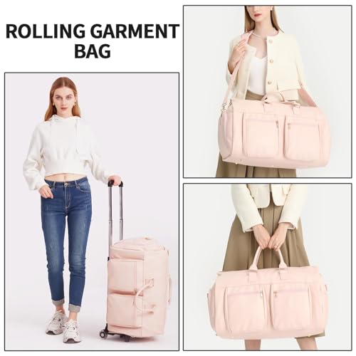 Rolling Garment Bags for Travel,Convertible Duffle Garment Bag Roller Bags for Travel Carry on Garment Bag with Wheels Luggage Rolling Weekender Roller Duffle Bags for Travel-Pink