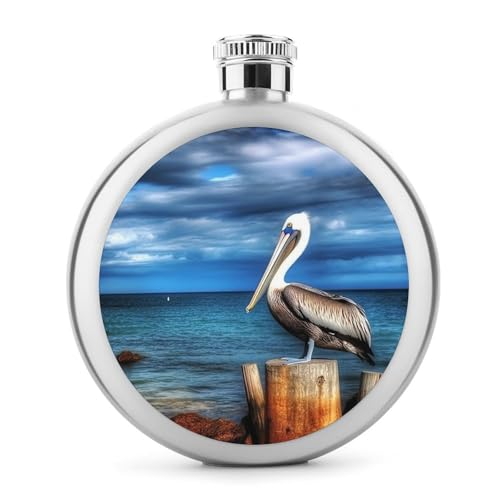 Stainless Steel Wine Bottle Liquor Container Pelican Bird Blue Sea Sky Print Leak Proof Hip Flask Durable for Camping Hiking Travel Festivals