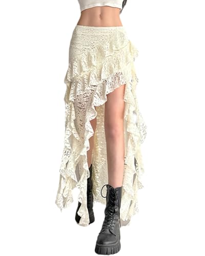 Women Lace Long Skirts Summer Elastic Asymmetrical Layered Hem Ruffles Floral Maxi Skirts