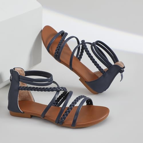 Image of youngshow Women's Braided Strappy Sandals - Open Toe Dressy Gladiator Flat Sandals with Back Zipper, Casual Summer Beach Shoes