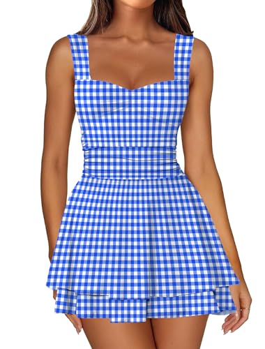 IWD Womens 2026 Summer Plaid Mini Dress Square Neck Ruched Waist Tiered Ruffle Hem Short Beach Sundress Gingham Blue Small