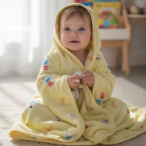 Image of Ultra-Soft Baby Hooded Blanket | Newborn Baby Wrapping | Coral Fleece Material Hypoallergenic | Towel Cum Blanket with Teddy Design (0-3Years) (Yellow)