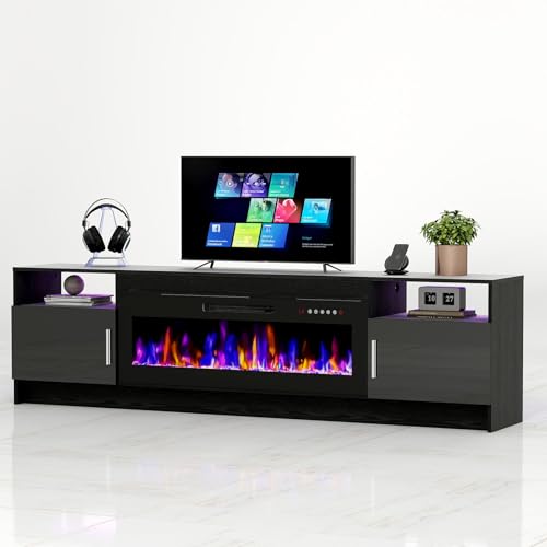 80 Inch TV Stand with 42 inch Electric Fireplace, 20 Color LED Light Entertainment Center for TVs Up to 90", Modern Wood Media TV Console with Storage Cabinets for Living Room, Black/ Glossy Doors
