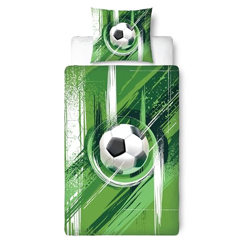 MTOnlinehandel Fußball Bettwäsche 135x200 Kinderbettwäsche 80x80 + 135x200 grün Jungenbettwäsche - Öko-Tex Teenager Bettwäsche aus Microfaser Geschenk Idee für Jungs und Mädchen