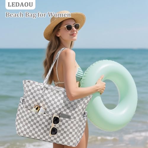 Image of LEDAOU Large Beach Bag Women Waterproof Sandproof Zipper Beach Tote Pool Bag for Swim Gym Grocery Travel with Wet Pocket