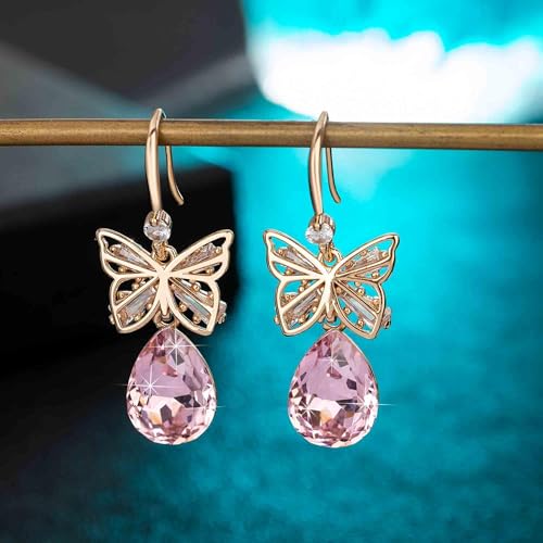 Austrian Crystal Teardrop Butterfly Drop Dangle Earrings for Women 14K Rose Gold Plated Hypoallergenic Jewelry3