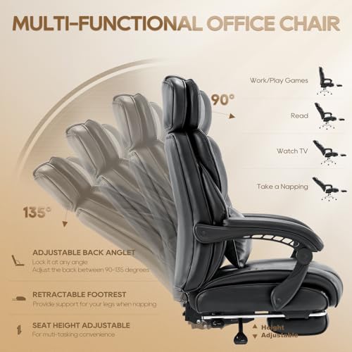 High Back Office Chair with Retractable Footrest & Lumbar Pillow, Ergonomic Bonded Leather Executive Desk Chair, Thick Padded Cushion, 90–135° Reclining Chair for Home Office,Black - Image 5