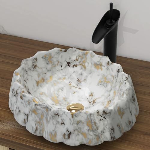 Image of Plantex Ceramic Basin for Bathroom /Table Top Wash Basin /Washbasin for Living Room, Restaurant (Marble Finish, 17 x 15 x 6 Inch)