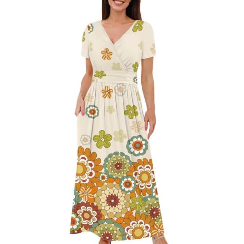 Image of Women's Fall Summer Short Sleeve Ankle Length V-Neck Party Dress with Pockets Size S-3XL