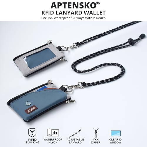 RFID Travel Wallet with Adjustable Lanyard-Zipper Small Wallet with ID Card Holder, Keychain for women&men-Minimalist Slim Waterproof Nylon case for ID, Cash, Key (SlateBlue+Grey)2