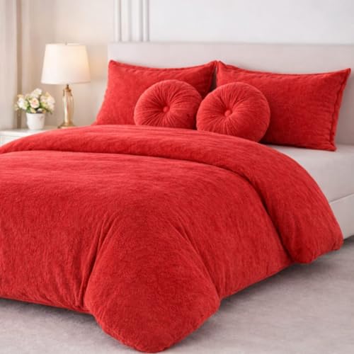 Image of Sands Luxurious 6Pc Bedding Set for Winter, 1 Double Duvet Cover,1 Double Bed bedsheet, 2 Pillow Covers, 2 Round Cushions, Ultra Soft Woollen Bedsheet Set- 90X100 inches (Red)