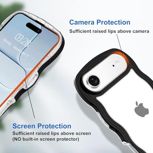 Image of GoldKart iPhone 17 Air Case Wavy Edge Clear Back Design, Anti-Slip Grip Cute Wave Curly Frame Shape Shockproof Soft TPU & Hard PC Bumper Protective Phone Case Cover for Women Girls - Black