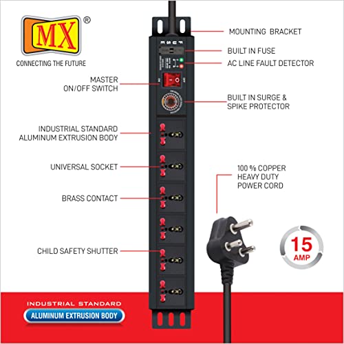 Image of MX Universal Socket Extension Board with Child Safety Shutter Power Strip Wall /Desk Mount Heavy Duty Alumminium Extrusion Body (6-Outlet Universal Spike Protector 1.5 MTR)