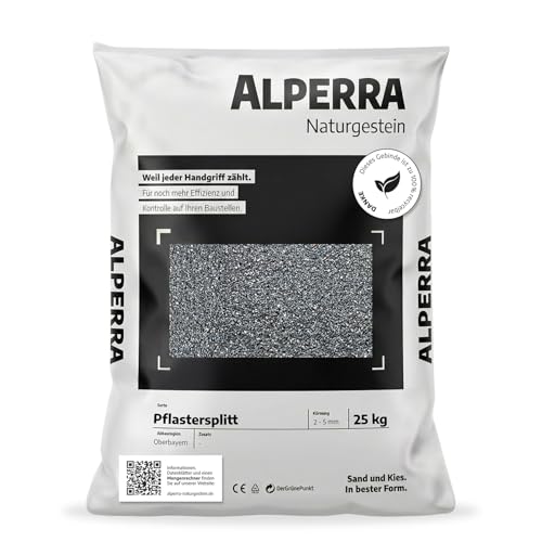 ALPERRA Pflastersplitt 2-5 mm 25 kg – Splitt aus Bayern dunkelgrau - anthrazit, gewaschen, Naturstein ideal für Pflasterarbeiten, Terrasse, Hof, Wege & Einfahrten | 100% recycelbare Verpackung