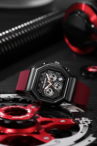 Image of Daniel Hechter Paris Daumesnil Collection Analog Watch for Men Hexagonal Chronograph Watch Black Textured Dial, Multi-Function Display, Red Silicone Strap, Date Window