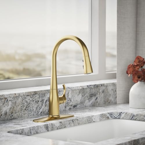 Image of Kohler 597-2MB Simplice Pull Down Kitchen Faucet, 3-Spray Faucet, Kitchen Sink Faucet with Pull Down Sprayer, Vibrant Brushed Moderne Brass