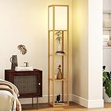 HOMCOM Lámpara de Pie con Estantes de Almacenaje, Lámpara de Madera Moderna, Bombilla E27, para Salón, Dormitorio, Oficina, Natural