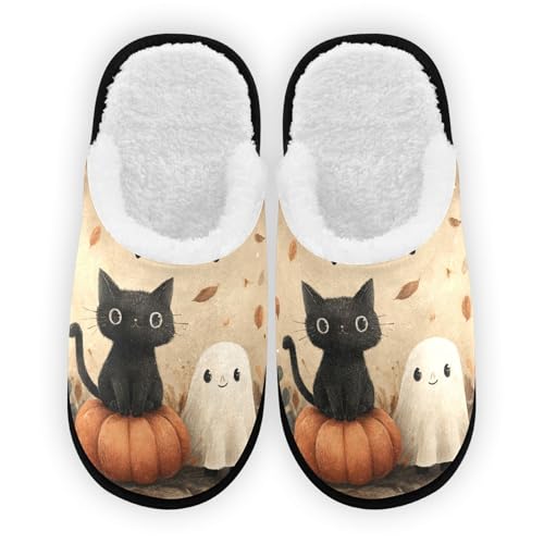 Cat Ghosts Pumpkin Brown Slippers For Women Men Soft Memory Foam Non-Slip Hallowmas Winter Indoor House Shoes Travel Slipper
