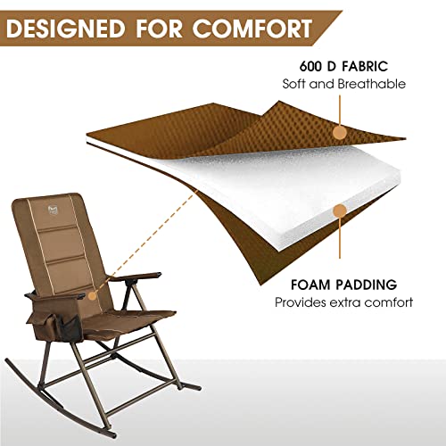 Timber Ridge Padded High Back Rocker Lawn Side Pocket Portable Patio Rocking Chair For Camping Porch Yard Garden Indoor, Heavy Duty Supports 300 Lbs, Brown #TOP3